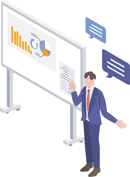 ホワイトボードの横でプレゼンをしているイラスト